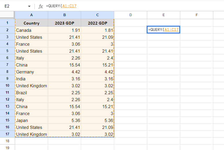 Select the data range.