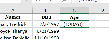 Add the TODAY function to the results cell