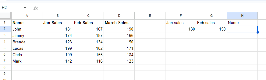 Example spreadsheet for XLOOKUP function in Google Sheets with multiple criteria