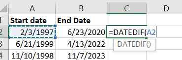 Select the cell with the start date