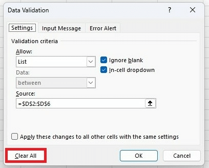 Data validation box with clear all selected.