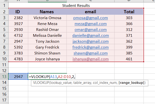 Enter the column index number