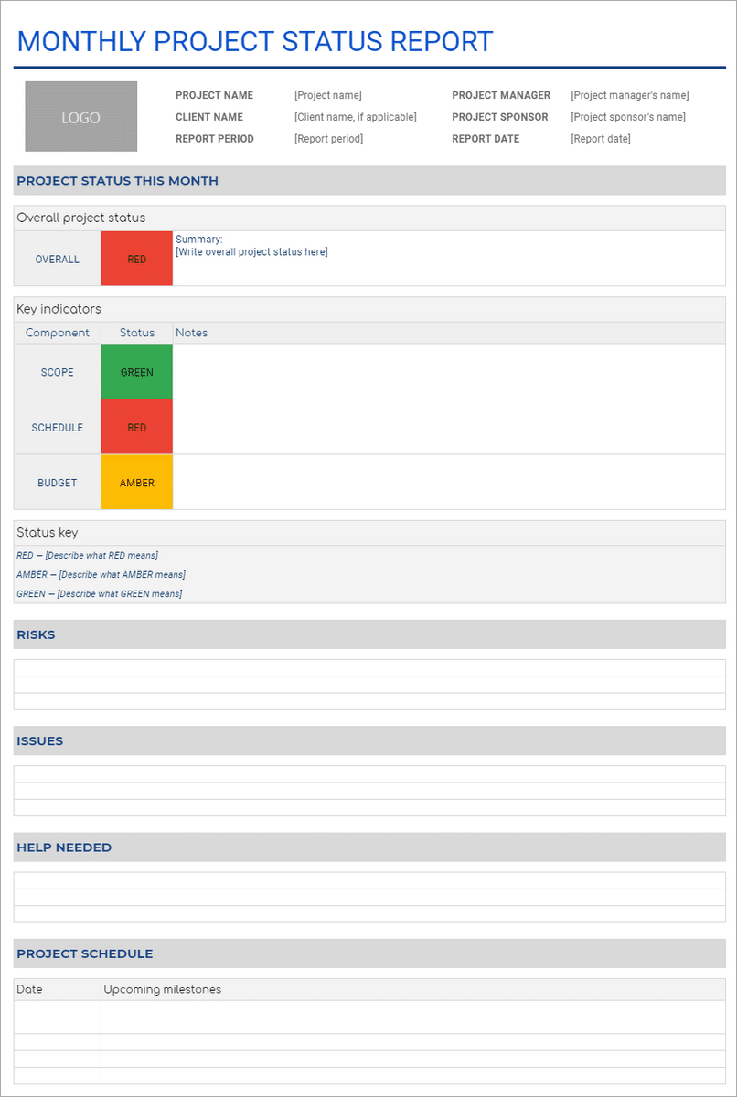 Preview of a monthly status report template