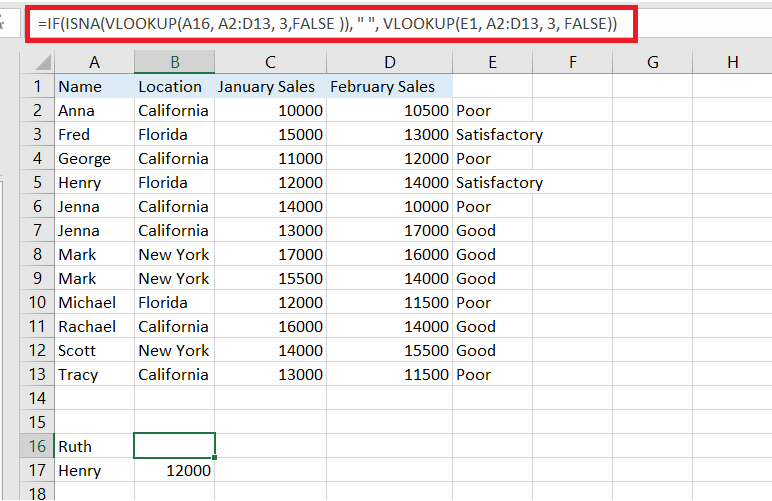 Excel table with the IF and VLOOKUP functions used together 