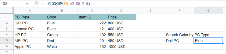 An example of VLOOKUP in Google Sheets