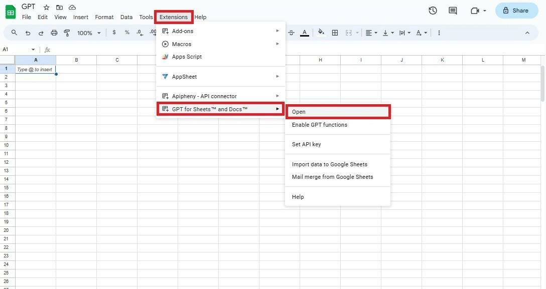 How to open GPT for Sheets extension