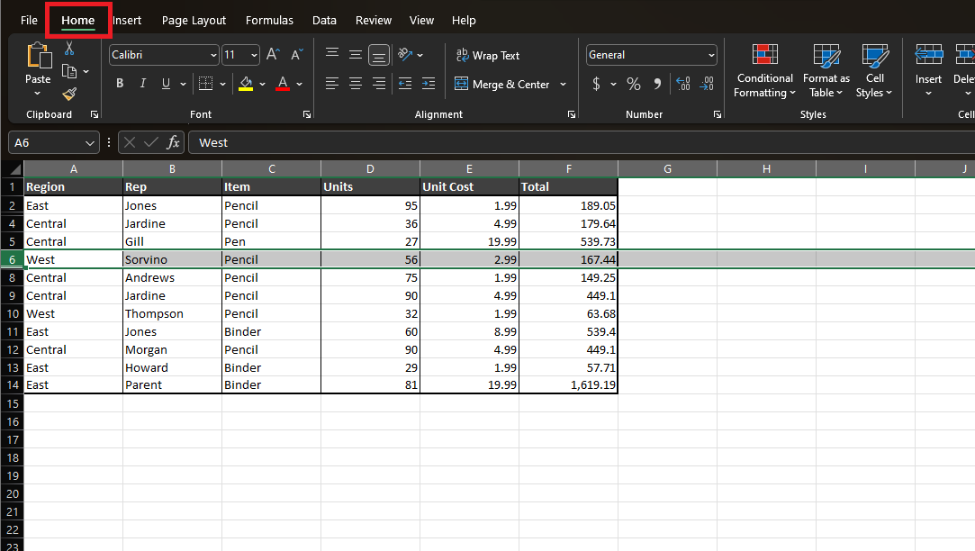 Selected row in Excel