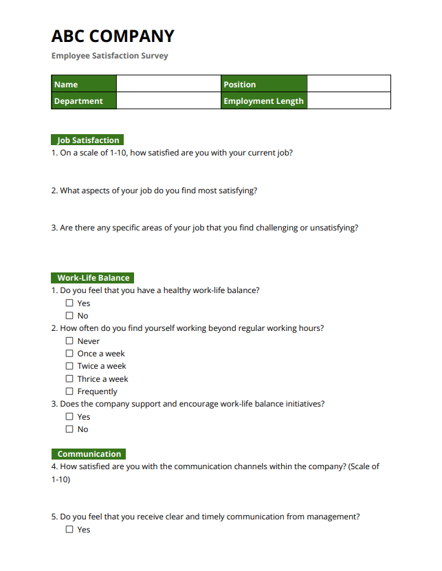 Preview of employee satisfaction survey questionnaire