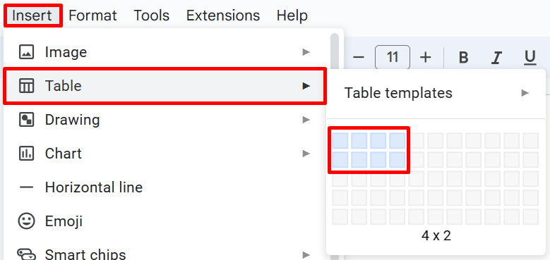 How to insert a 4 x 2 table in Google Docs