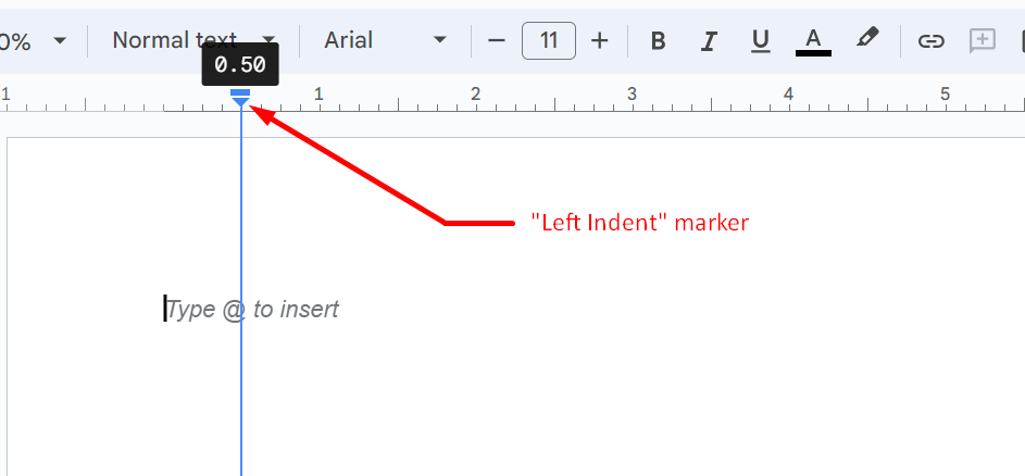 The Left Indent marker in the Google Docs ruler