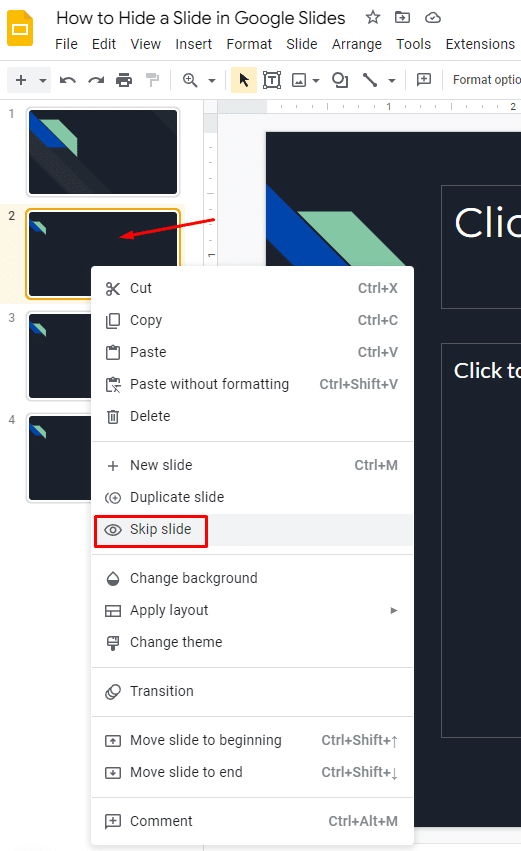How to hide a slide in Google Slides using the right click method