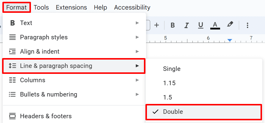 Where to find the double spacing option in Google Docs