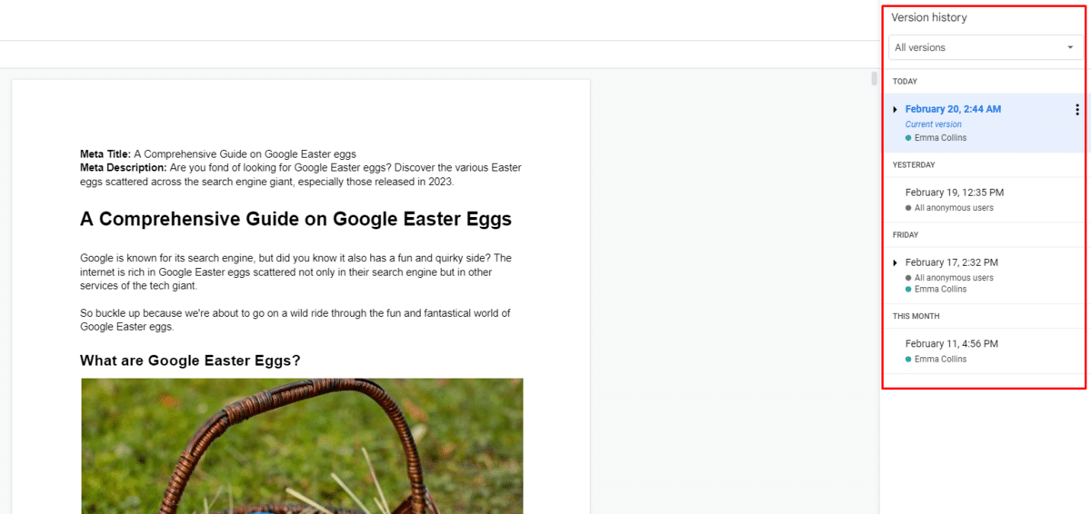 Google Docs—version history edits