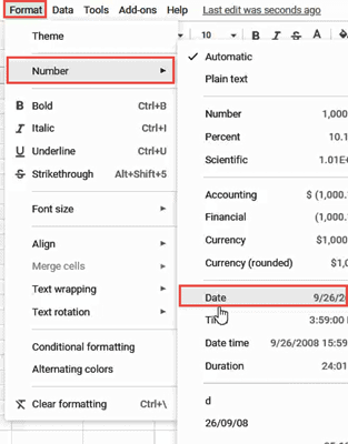 The Number and Date dropdown menu in Google Sheets