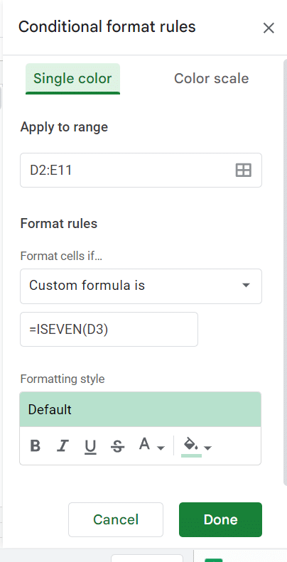 The range within the custom formula