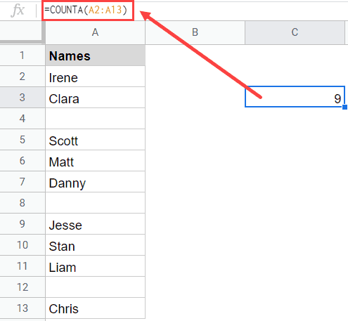 Using COUNTA function to count non empty cells