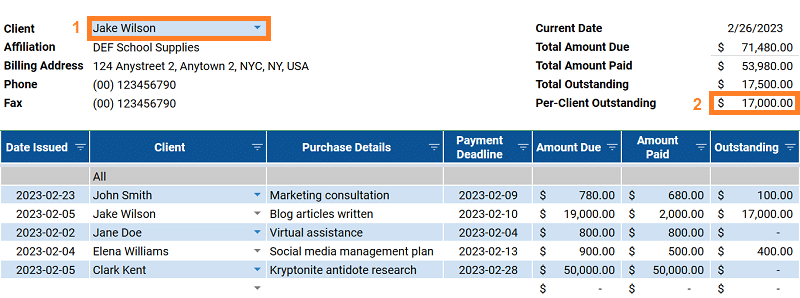 Outstanding balance summary Google Sheets invoice template