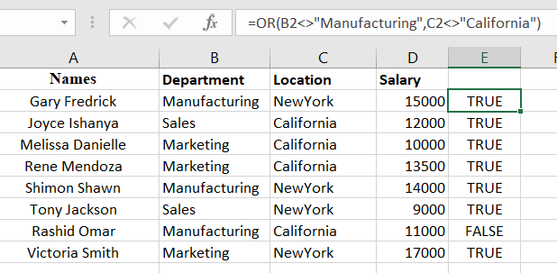 Copied Excel formula in multiple cells using OR function