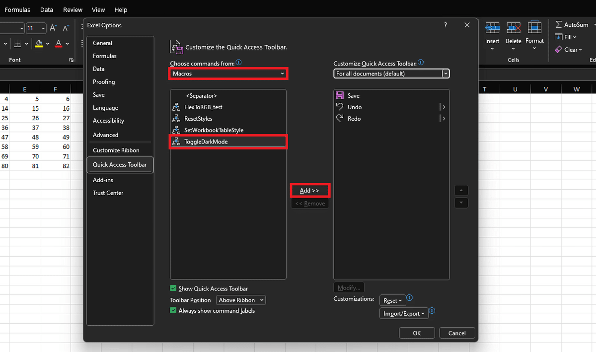 How to add a macro in Excel toggle