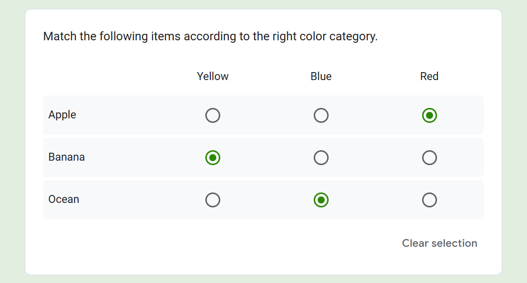 Matching-type multiple choice grid question