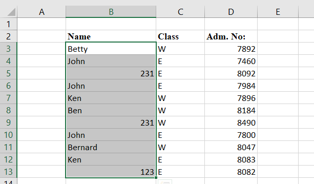 Example worksheet for counting unique values with COUNTIF