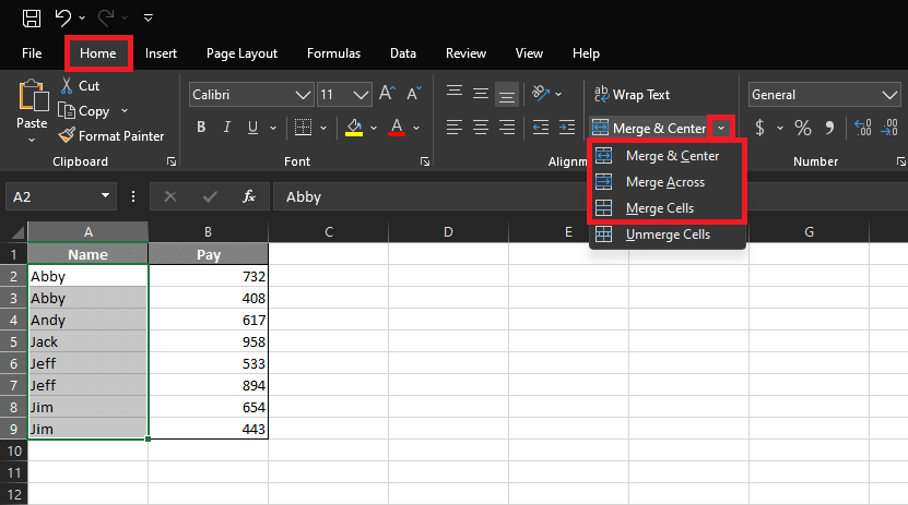 Choose how to merge the cells