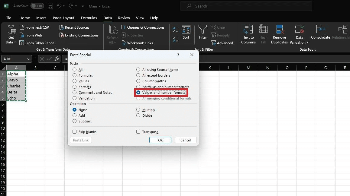 Click on values and number formats