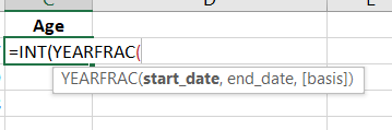 Immediately after the INT function, add the YEARFRAC function