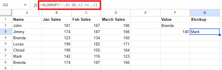 Results for XLOOKUP with approximate match