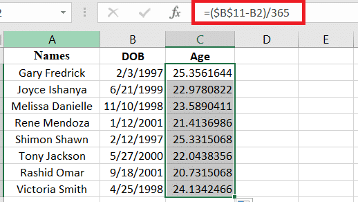 Example results from subtracting from a specified date