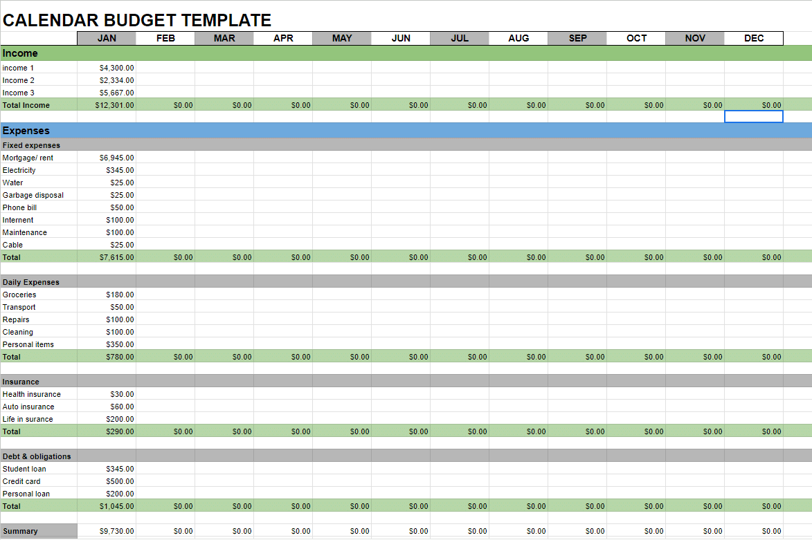 Annual Budget Calendar Template