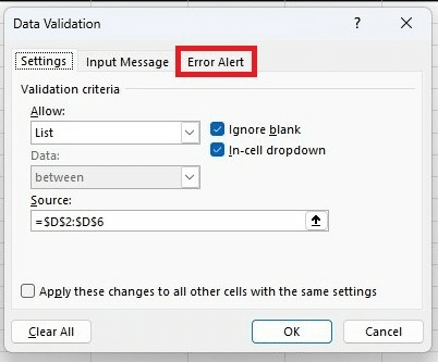 Data validation box with the Error alert tab