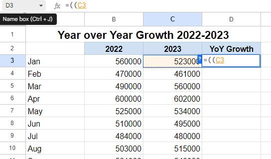 Select they cell with the value for the current year.