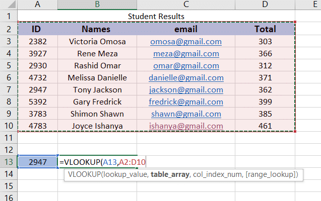 Select the range of data you want to search and a comma