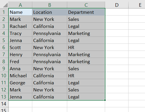 A screenshot showing selected data in Excel