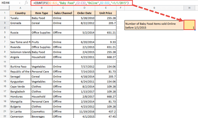 =COUNTIFS(B2:B22,"Baby Food",C2:C22,"Online",D2:D22,"<1/1/2015")