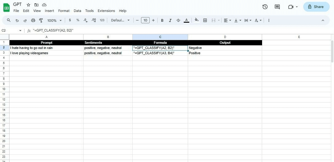 Example of the GPT_CLASSIFY function in Google Sheets