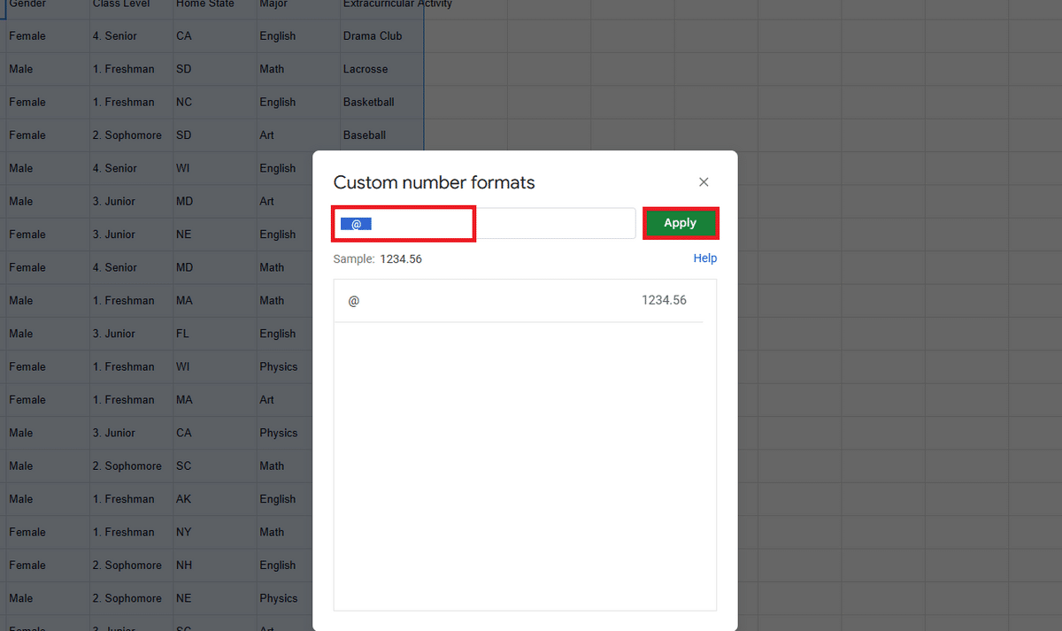 Custom number formats box