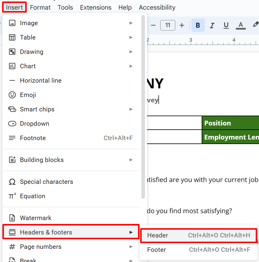 How to insert a header in Google Docs