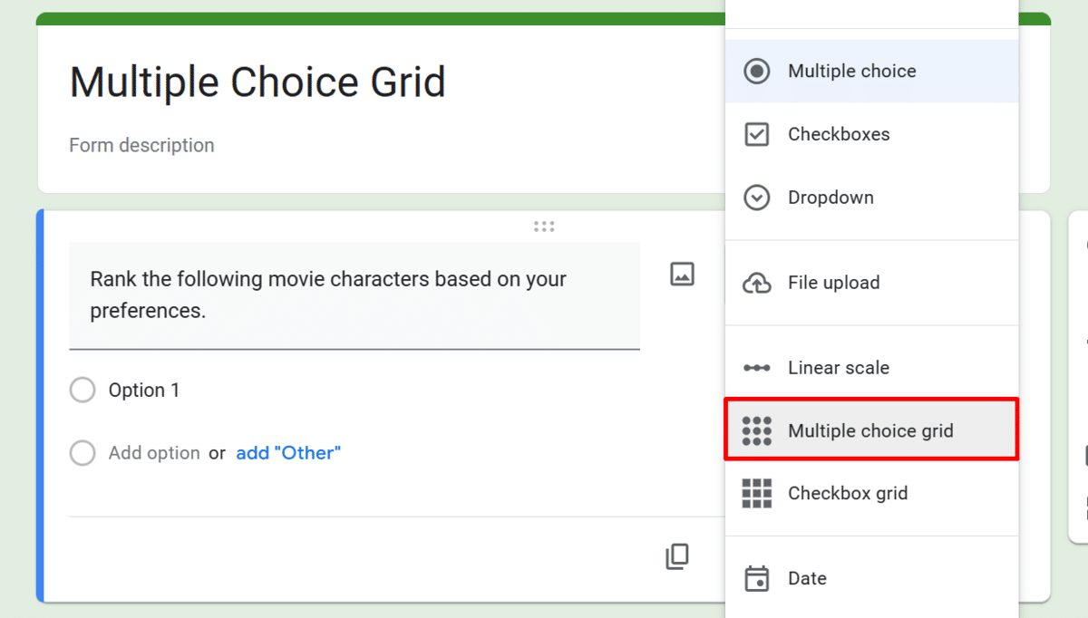 Selecting a multiple choice grid question