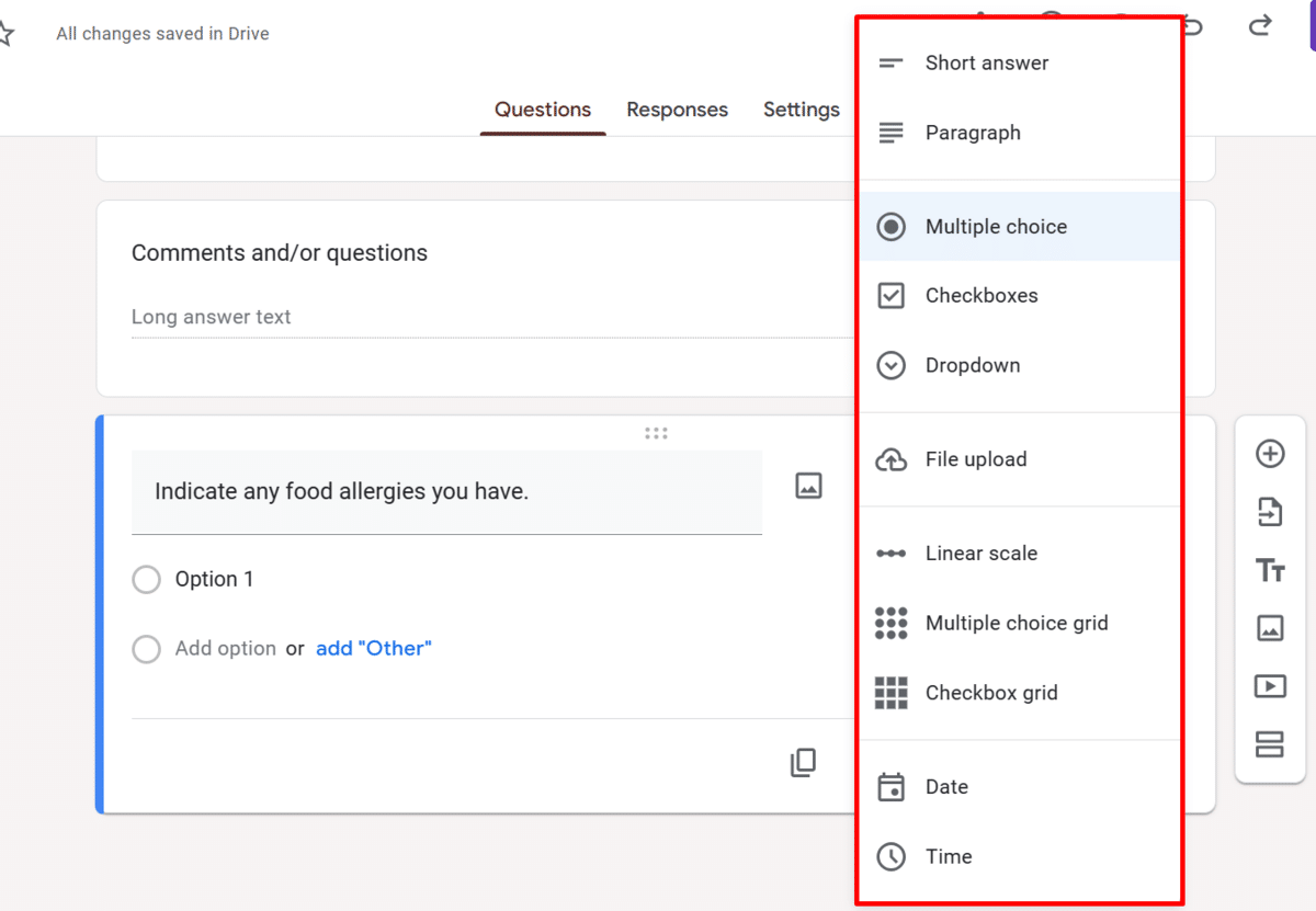 Picking a question type in Google Forms