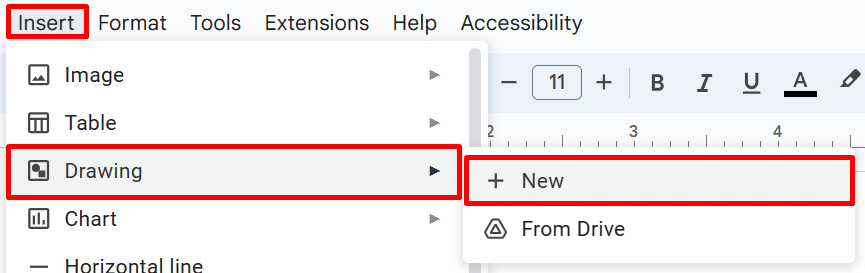 Creating a new drawing in Google Docs