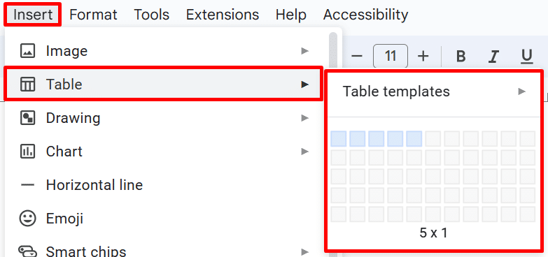 Matrix in Google Docs—how to insert a table