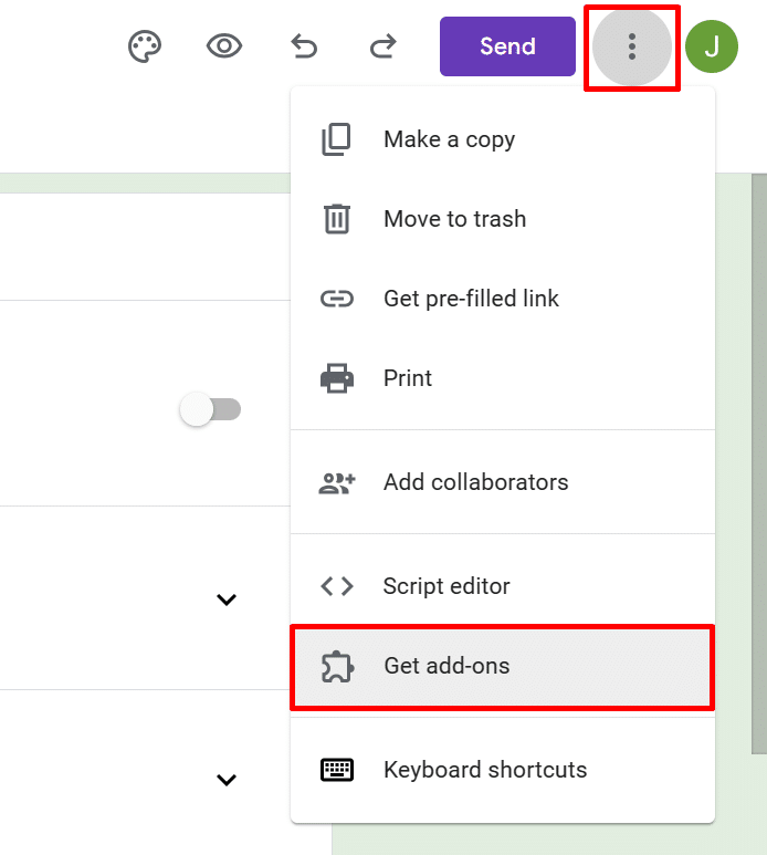 Where to find the "Get add-ons" option in Google Forms