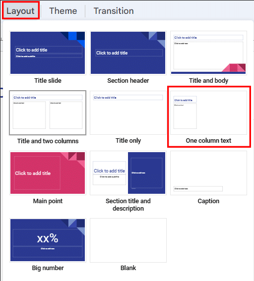 Columns in Google Slides—How to add one column text