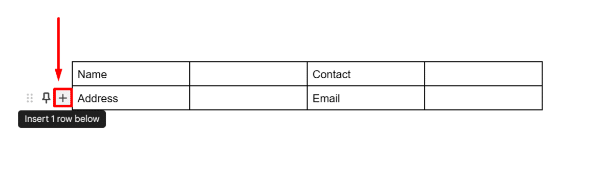 Where to find the plus (+) button to add a new table row in Google Docs