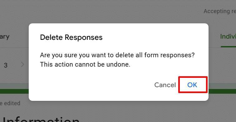 Confirming to clear all responses in a Google Form