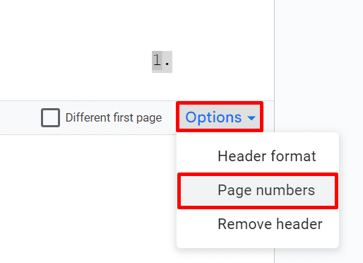 Where to find the Page numbers option in the header section