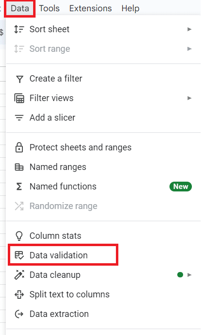 Data validation option in Google Sheets