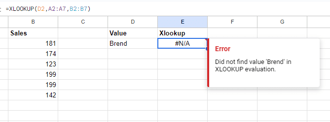 Example spreadsheet for XLOOKUP function in Google Sheets if not found